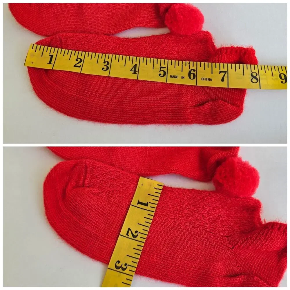 Orlon Slipper Socks Red Stretch Knit Nylon PomPom Vintage 70s One Size Vtg